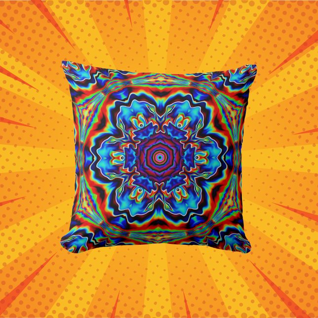Psychedelic Kaleidoscope Blue Red and Green Throw Pillow (Creator Uploaded)