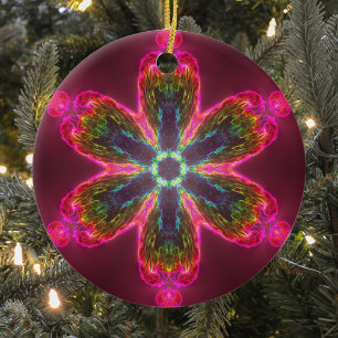 Psychedelic Kaleidoscope Flower Green and Pink Ceramic Ornament