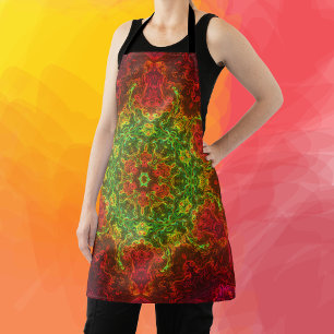 Psychedelic Kaleidoscope Flower Green and Red Apron