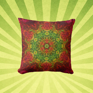 Psychedelic Kaleidoscope Flower Green and Red Throw Pillow