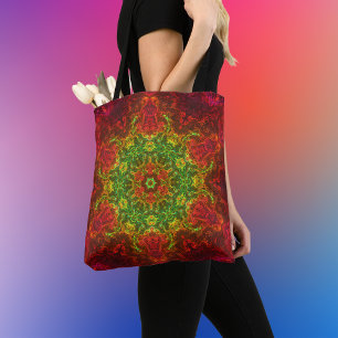 Psychedelic Kaleidoscope Flower Green and Red Tote Bag