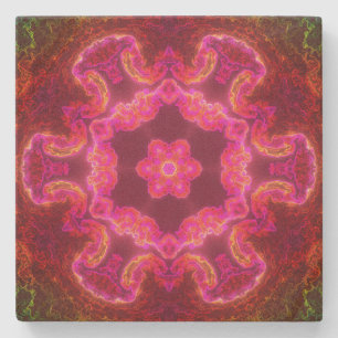 Psychedelic Kaleidoscope Flower Pink Red and Green Stone Coaster
