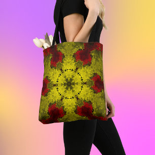 Psychedelic Kaleidoscope Flower Red and Yellow Tote Bag