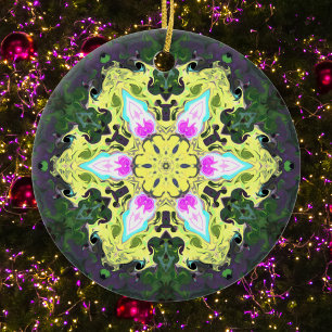 Psychedelic Kaleidoscope Flower Yellow and Pink Ceramic Ornament