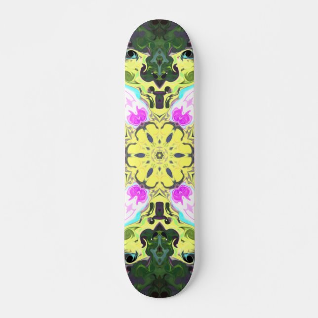 Psychedelic Kaleidoscope Flower Yellow and Pink Skateboard (Front)