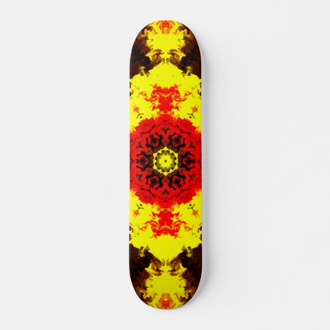 Psychedelic Kaleidoscope Flower Yellow and Red Skateboard (Front)