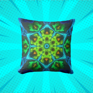 Psychedelic Kaleidoscope Green Blue and Orange Throw Pillow