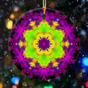 Psychedelic Kaleidoscope Green Yellow and Purple Ceramic Ornament