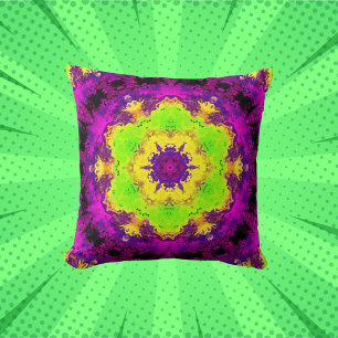 Psychedelic Kaleidoscope Green Yellow and Purple Throw Pillow