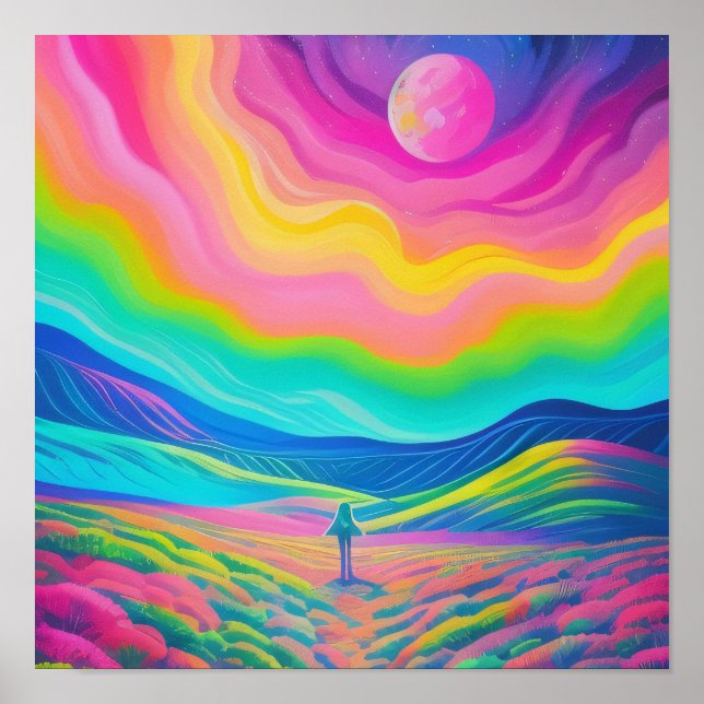 Psychedelic Landscape Painting Pink Green Art Poster (Front)