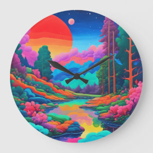 Psychedelic landscape pink green art large clock