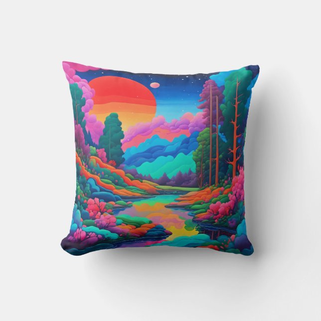 Psychedelic landscape pink green art  throw pillow (Front)
