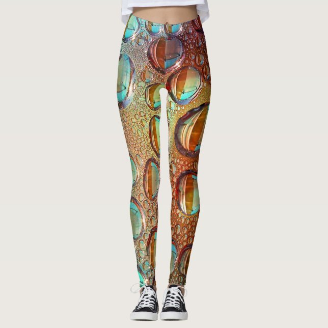 Psychedelic Light Blue and Orange Water Droplets Leggings (Front)