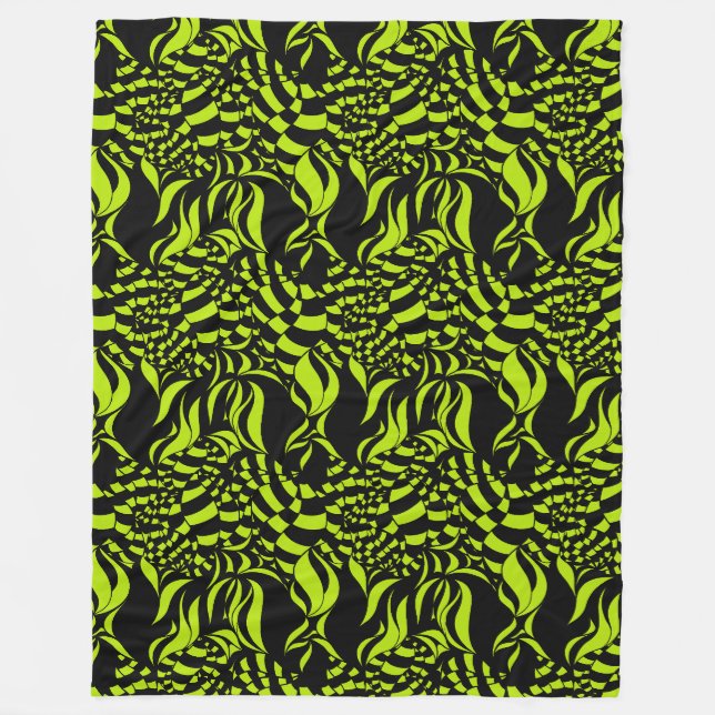 Psychedelic Lime Green and Black pattern Fleece Blanket (Front)