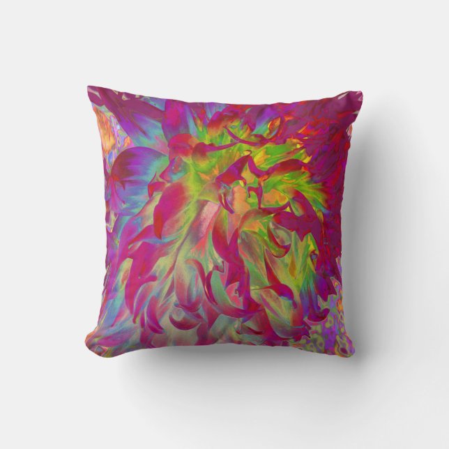 Psychedelic Magenta and Yellow Dahlia Flower Throw Pillow (Front)
