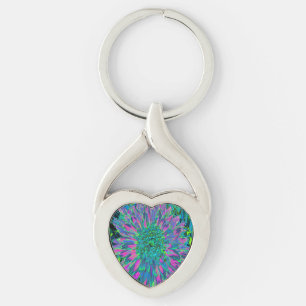 Psychedelic Magenta, Aqua and Lime Green Dahlia Keychain