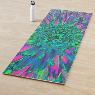 Psychedelic Magenta, Aqua and Lime Green Dahlia Yoga Mat