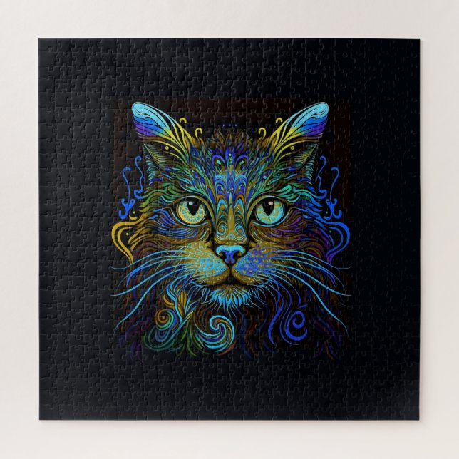Psychedelic Maine Coon Cat in Blue Jigsaw Puzzle (Vertical)