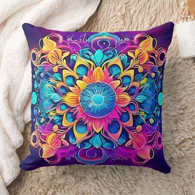 Psychedelic Mandala Design Throw Pillow (Blanket)