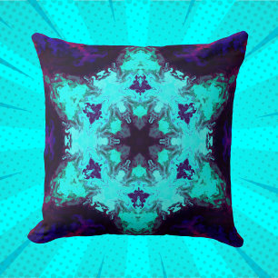 Psychedelic Mandala Flower Blue and Purple Throw Pillow