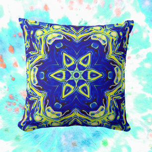 Psychedelic Mandala Flower Blue and Yellow Throw Pillow