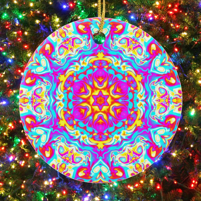 Psychedelic Mandala Flower Blue Pink and Yellow Ceramic Ornament (Creator Uploaded)
