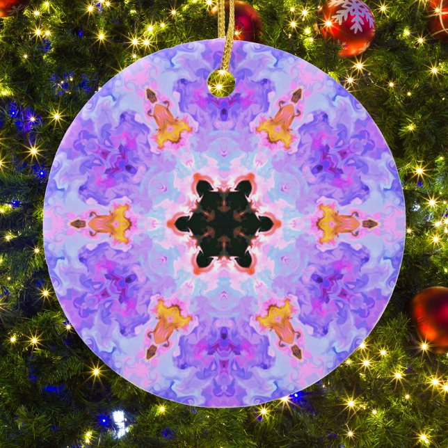 Psychedelic Mandala Flower Blue Pink and Yellow Ceramic Ornament (Creator Uploaded)