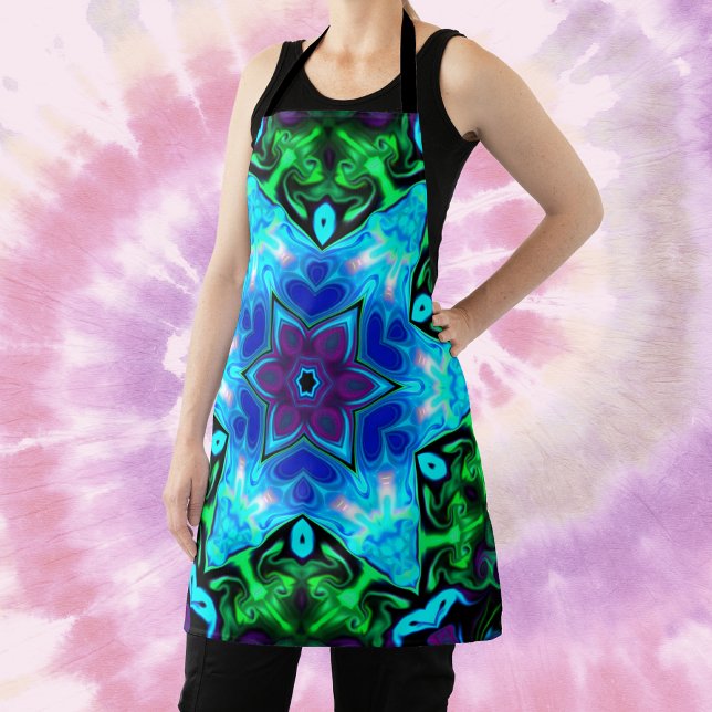 Psychedelic Mandala Flower Blue Purple and Green Apron (Creator Uploaded)