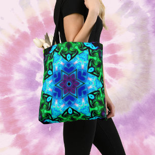 Psychedelic Mandala Flower Blue Purple and Green Tote Bag