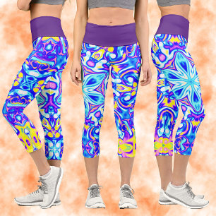 Psychedelic Mandala Flower Blue Purple and Yellow Capri Leggings