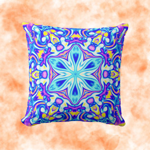 Psychedelic Mandala Flower Blue Purple and Yellow Throw Pillow