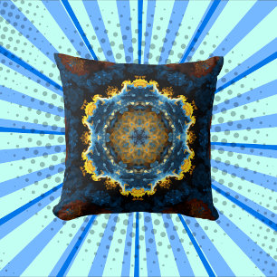 Psychedelic Mandala Flower Blue Yellow and Orange Throw Pillow