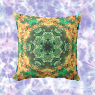 Psychedelic Mandala Flower Green and Yellow Throw Pillow