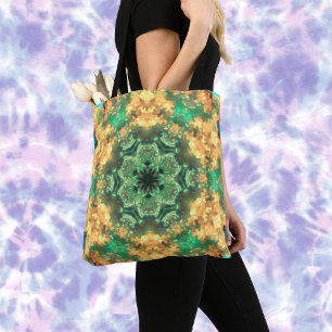 Psychedelic Mandala Flower Green and Yellow Tote Bag