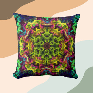 Psychedelic Mandala Flower Green Blue and Purple Throw Pillow