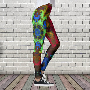 Psychedelic Mandala Flower Green Blue and Red Leggings