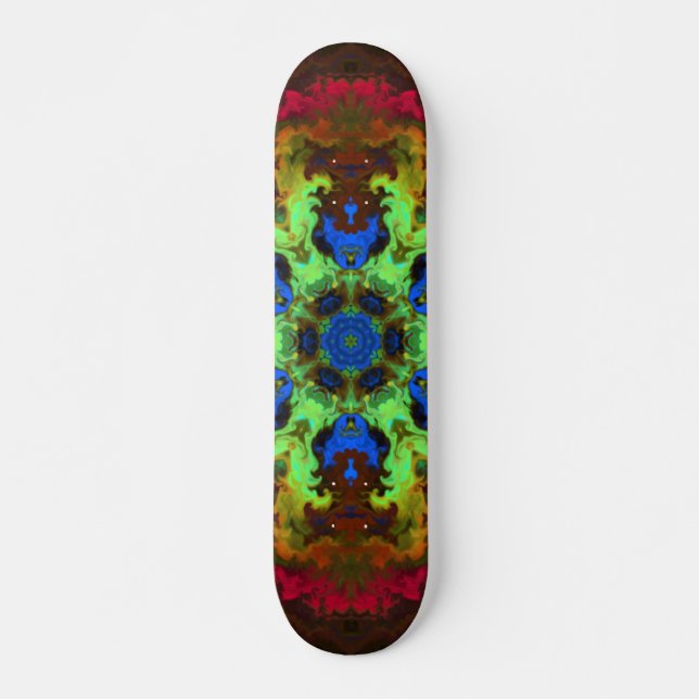 Psychedelic Mandala Flower Green Blue and Red Skateboard (Front)