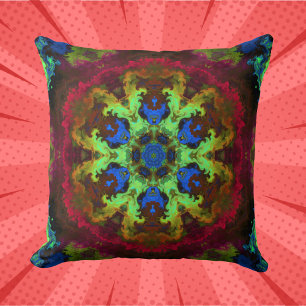 Psychedelic Mandala Flower Green Blue and Red Throw Pillow