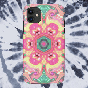 Psychedelic Mandala Flower Green Pink and Yellow