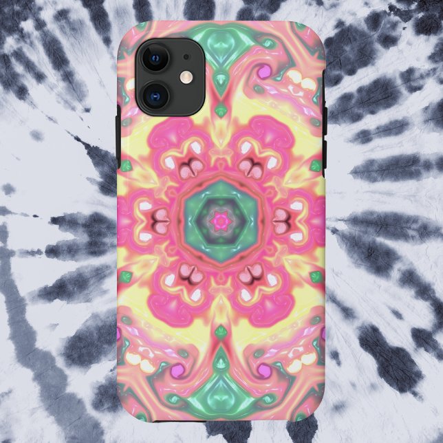 Psychedelic Mandala Flower Green Pink and Yellow Case-Mate iPhone Case (Creator Uploaded)