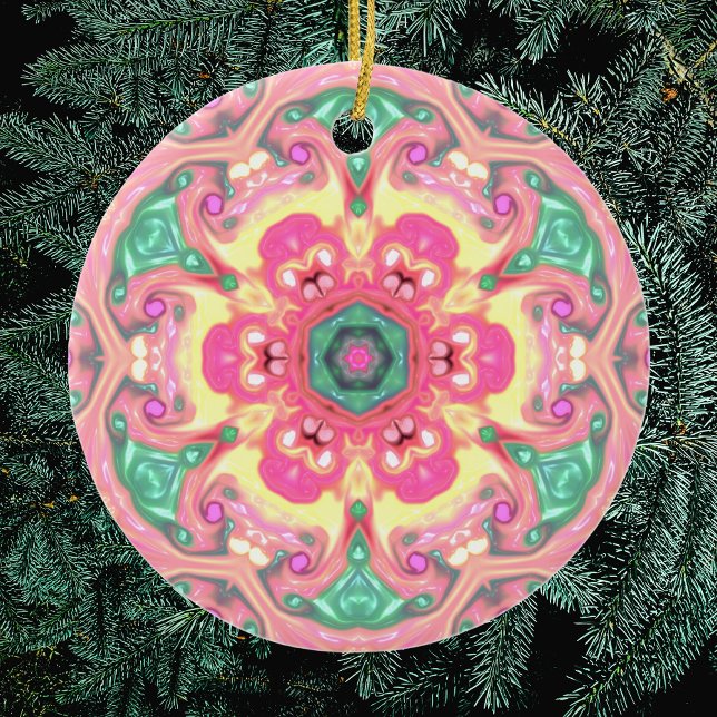 Psychedelic Mandala Flower Green Pink and Yellow Ceramic Ornament (Creator Uploaded)