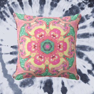 Psychedelic Mandala Flower Green Pink and Yellow Throw Pillow