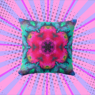 Psychedelic Mandala Flower Pink and Blue Throw Pillow