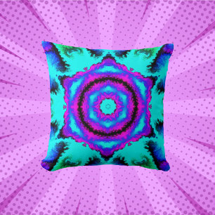 Psychedelic Mandala Flower Pink Purple and Blue Throw Pillow