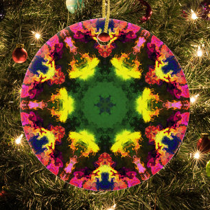 Psychedelic Mandala Flower Pink Yellow and Green Ceramic Ornament