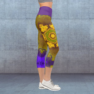Psychedelic Mandala Flower Purple and Yellow Leggi Capri Leggings