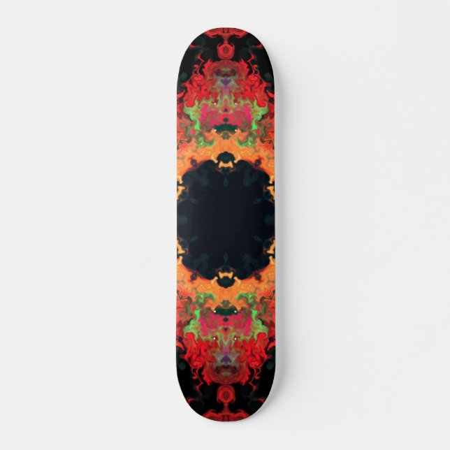 Psychedelic Mandala Flower Red Orange and Green Skateboard (Front)