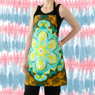 Psychedelic Mandala Flower Teal and Yellow Apron