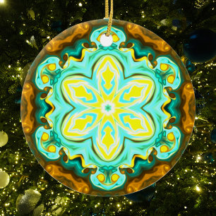 Psychedelic Mandala Flower Teal and Yellow Ceramic Ornament