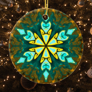 Psychedelic Mandala Flower Teal and Yellow Ceramic Ornament